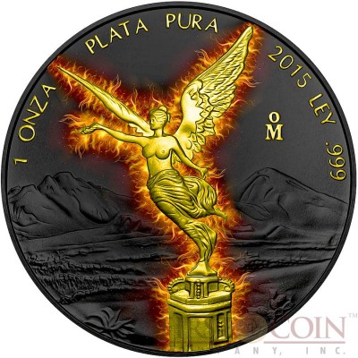 Mexico BURNING LIBERTAD 1 Onza Silver coin 2015 Black Ruthenium & Gold Plated 1 oz